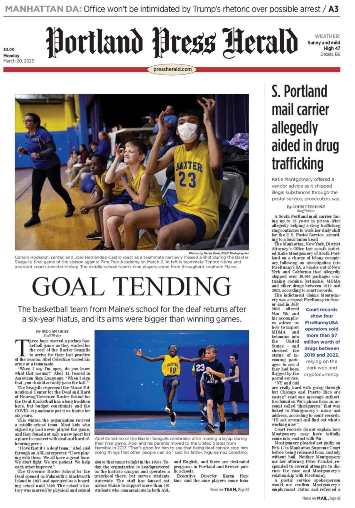 MECDHH/GBSD Basketball Team & School Featured on Front Page of Portland Press Herald